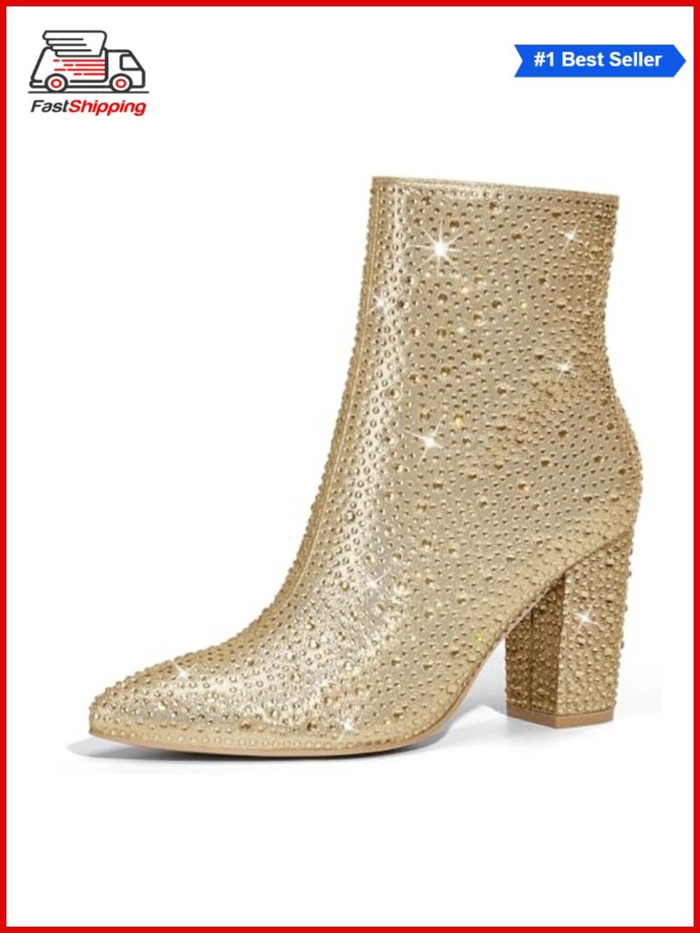 ✨Rollda Rhinestone Ankle Boots Pointed Toe Block Heel Sparkly Booties